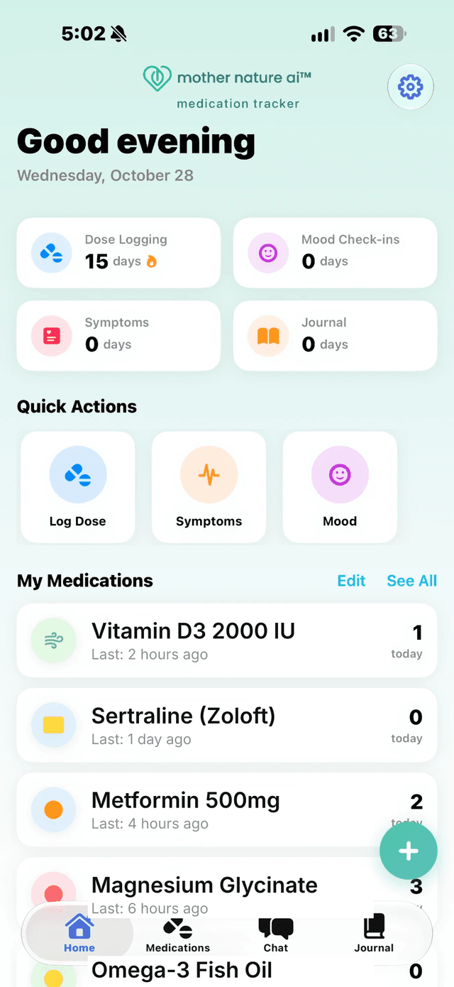 Mother Nature AI: Med Tracker home screen on iPhone