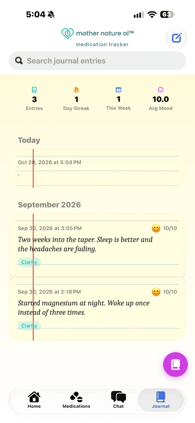 Journal screen: dated entries with mood scores and tags