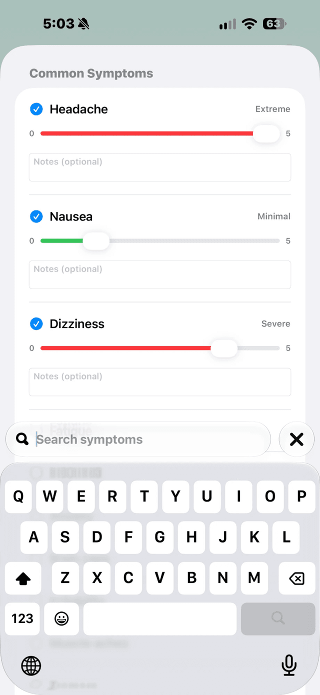 Symptom check-in: headache, nausea and dizziness with severity sliders and notes