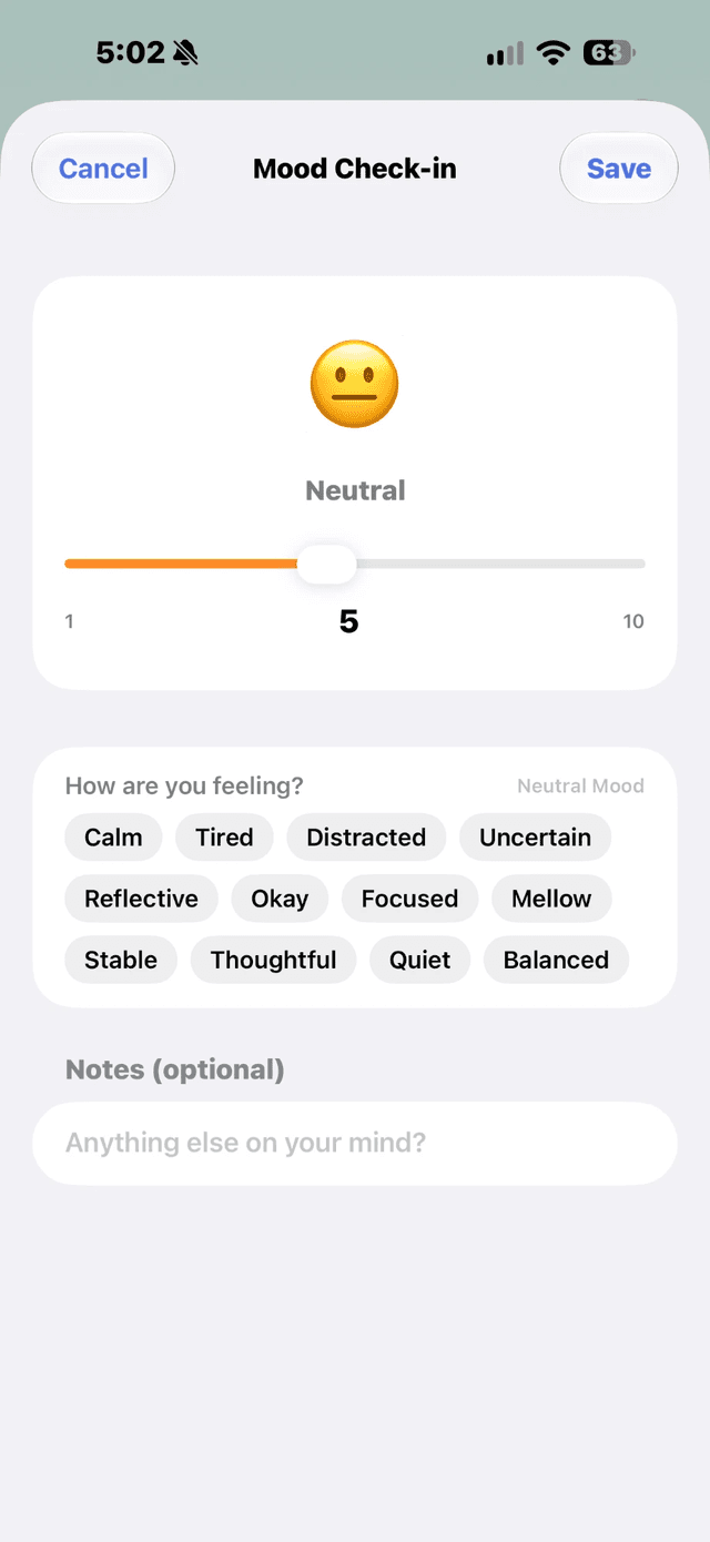 Mood check-in: a 1 to 10 slider with feeling tags and notes