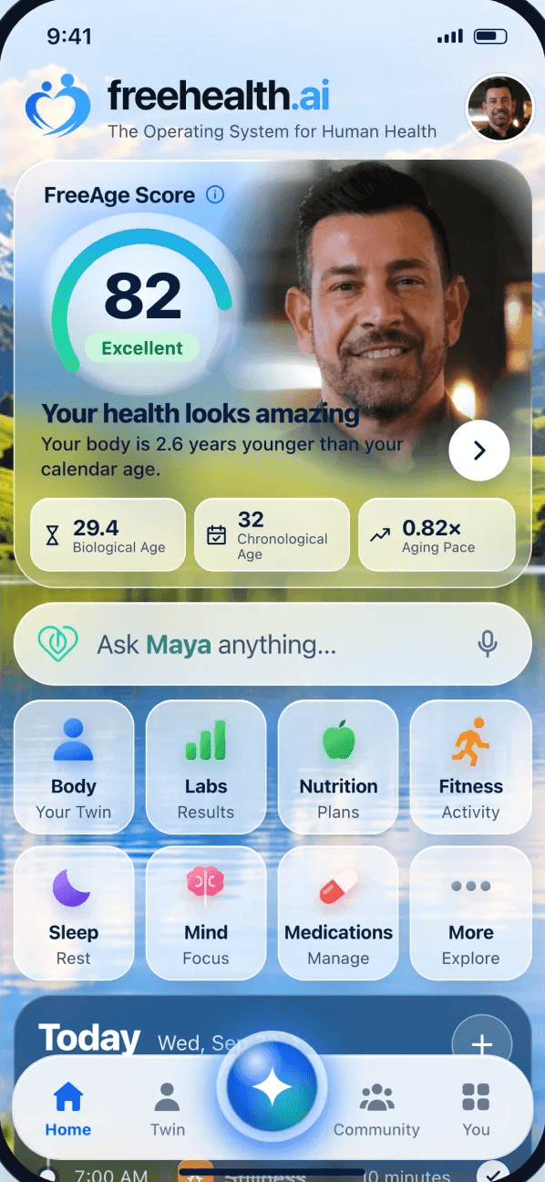 freehealth.ai app on iPhone showing a FreeAge score, Ask Maya search, and tiles for Body, Labs, Nutrition, Fitness, Sleep, Mind and Medications